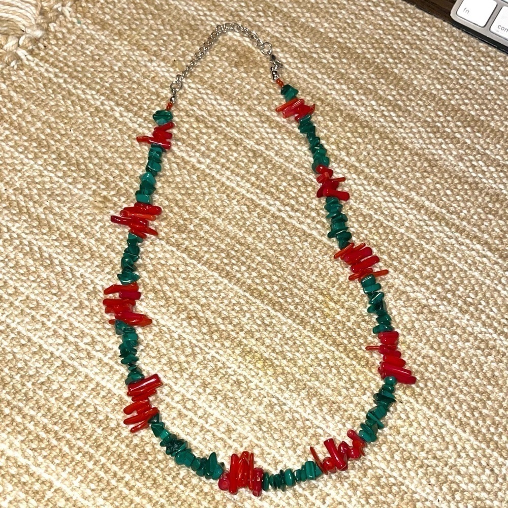 Red Dyed Coral Bamboo and Malachite Handmade Necklace - Picture 3 of 4